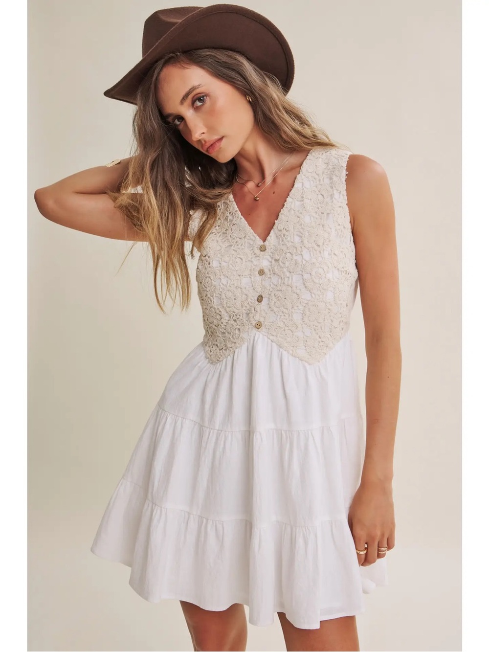 In February Timeless Getaway Crochet Cotton Tiered Mini Dress NWT